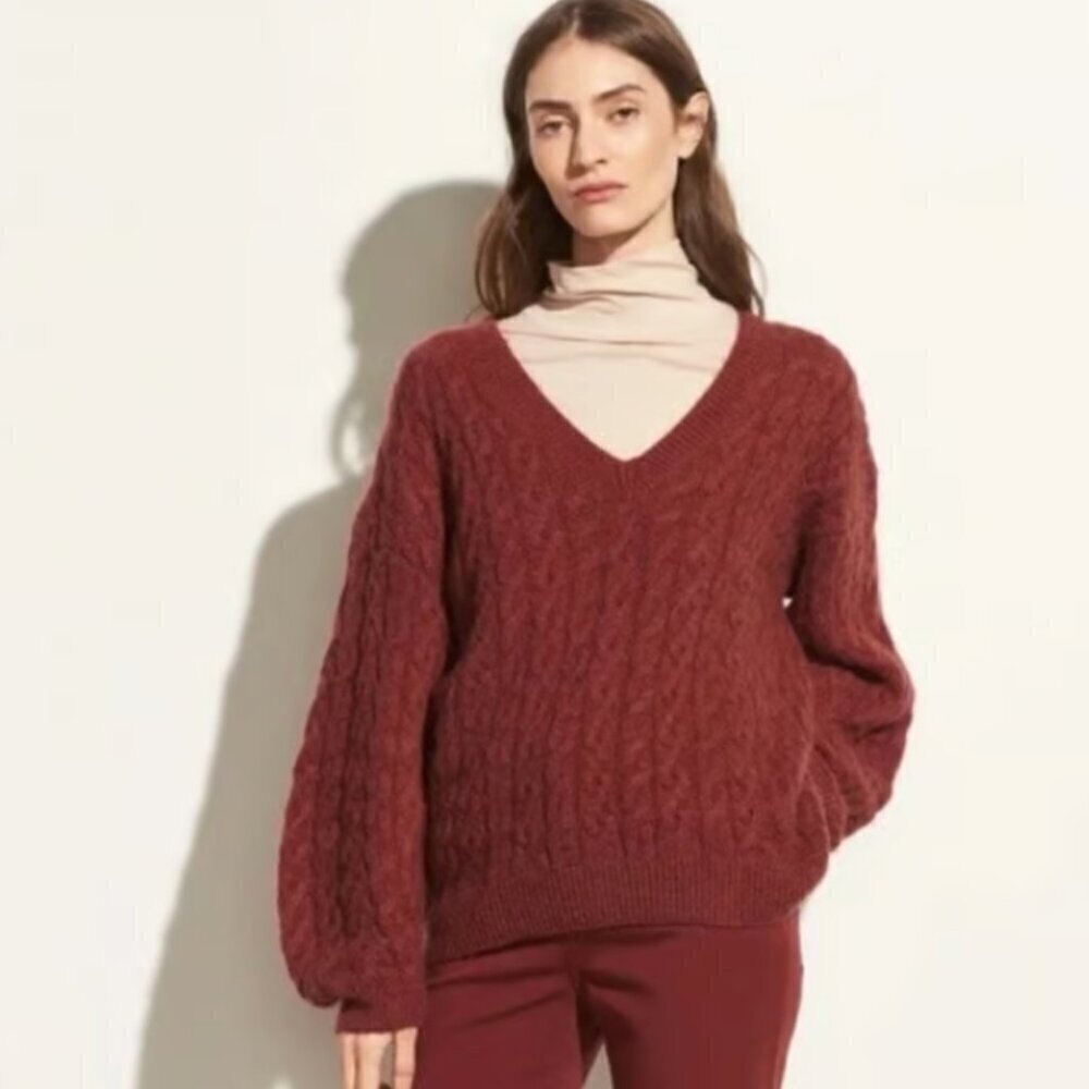 Vince Maroon Cable Knit Mohair Alpaca Blend V-neck Sweater sz XS